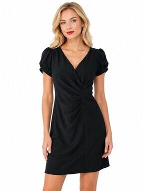 Banana Republic Black Ruched V-Neck Cap Sleeve Dress - Size 4 Petite
